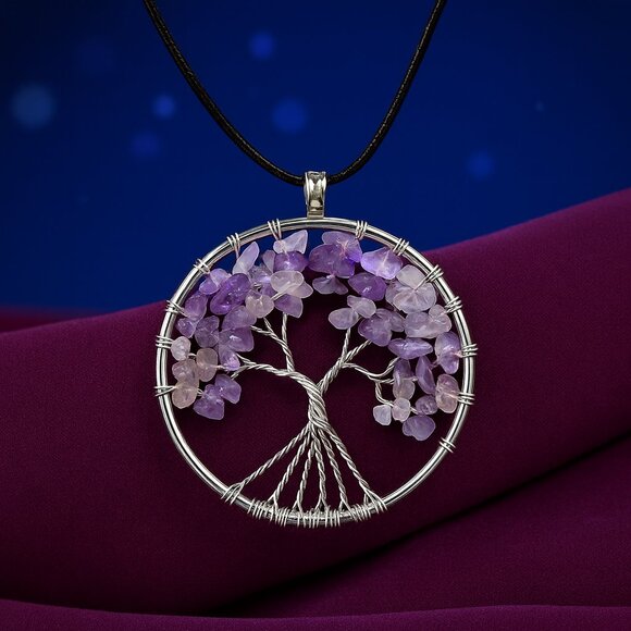 🆕 Boho Chic Tree Of Life Necklace Genuine Amethyst Crystals Silver Plated Charm - Picture 1 of 9